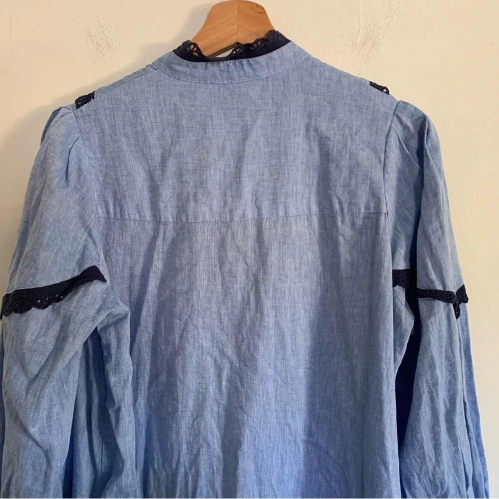 Pomander Place Tuckernuck Blue Linen Blend Lace Trim Maxi Shirt Dress S